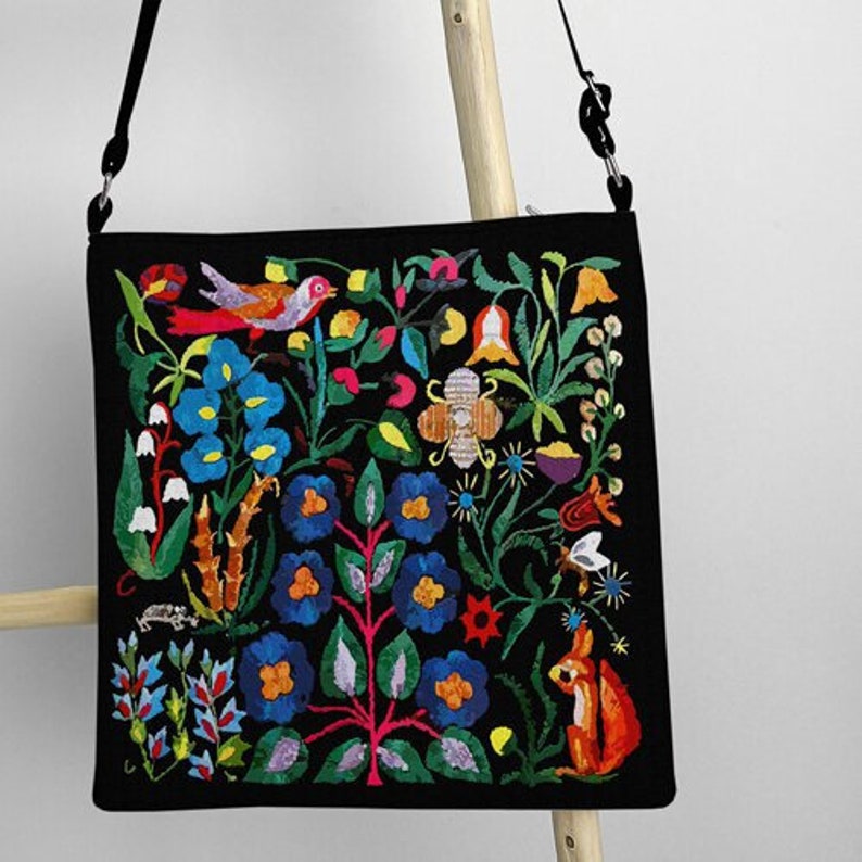 Boho Taystra Bag, Crossbody Pouch, Handmade Ethnic Canvas Bag for Women, Black Folk Design Shoulder Bag for Daily Use, Folk Everyday Bag image 9