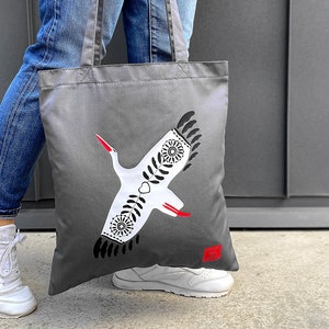 Sac fourre-tout avec imprimé cigogne, sac shopping oiseau, joli sac fourre-tout gris, cadeau pour maman et fils, sac hobo en toile, sac à bandoulière pour femme, sac fait main