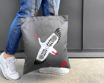 Tote Bag with Stork Print, Bird Shopping Bag, Cute Gray Tote Bag, Gift for Mom from Son, Canvas Hobo Bag, Women Shoulder Bag, Handmade Bag