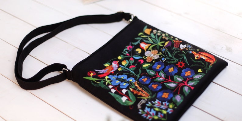 Boho Taystra Bag, Crossbody Pouch, Handmade Ethnic Canvas Bag for Women, Black Folk Design Shoulder Bag for Daily Use, Folk Everyday Bag image 4