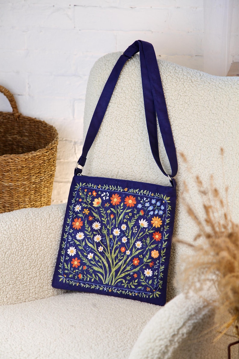 Folk Design Blue Bag, Canvas Hippie Tote Bag, Ukrainian Crossbody Bag, Floral Women Bag, Eco Friendly Bag, Fall Modern Bag, Gift for Her image 8