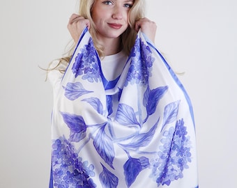 Floral Square Scarf, Blue Boho Head Scarf, Lightweight Hair Wrap, Neck Scarf, Travel Accessory Gift for Her