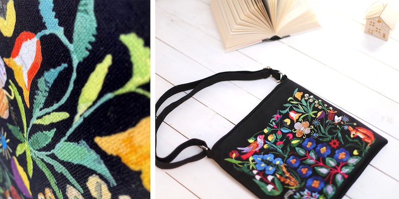 Boho Taystra Bag, Crossbody Pouch, Handmade Ethnic Canvas Bag for Women, Black Folk Design Shoulder Bag for Daily Use, Folk Everyday Bag image 10