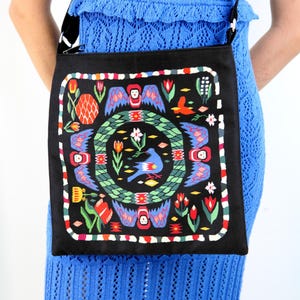 Ethno Boho Crossbody Bag, Ukrainian Folk Shoulder Bag, Black Canvas Taystra Tote, Dark Floral Womens Purse, Shopper Gift, Dark Floral Tote