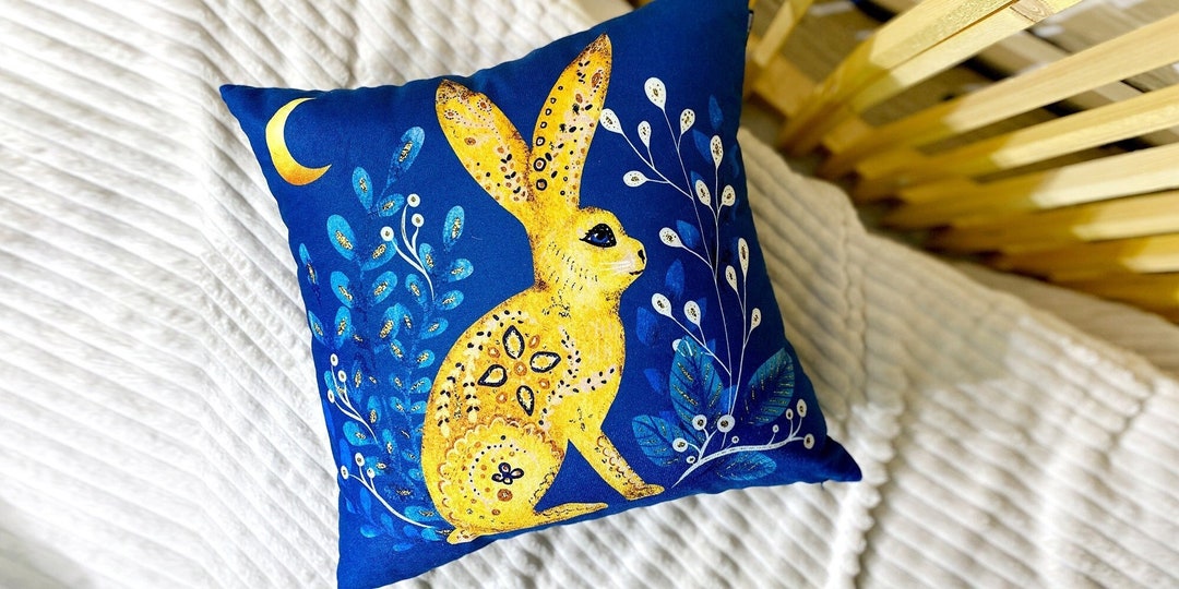 Ukrainian Bunny Yellow Blue Velvet Pillowcase Made in Ukraine Ukrainian