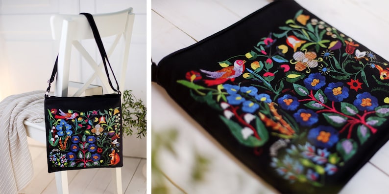 Boho Crossbody Bag Taystra, Canvas Hippie Tote Bag Flowers Bag, Folk Design Bag, Shoulder Bag, Dark Floral Ukrainian Bag, Birthday Gift Idea image 7