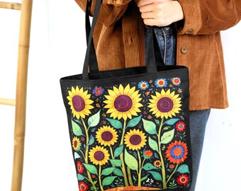 Black Sunflower Tote Bag, Floral Canvas Shopper, Reusable Grocery Bag, Zipper Shoulder Tote, Boho Gift for Women, Eco Bag, Satchel