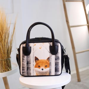 Sac à bandoulière en cuir végétalien avec joli imprimé animal, sac à main style forêt, sac à main en cuir végétalien, cadeau pour les amoureux des animaux, pochette zippée pour femme