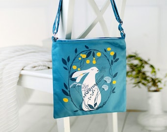 Boho Crossbody Bag Taystra | Canvas Hippie Tote Bag Bunny | Folk Design Bag | Drawstring Shoulder Bag | Mother day gifts | made in Ukraine
