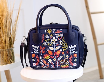 Vegan Leather Shoulder Bag, Boho City Handbag with Zipper, Dark Floral Eco Leather Purse, Autumn Messenger Bag, Holiday Gift for Her