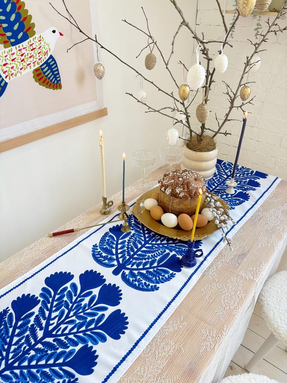 Blue Folk Art Table Runner, Scandinavian Floral Table Decor