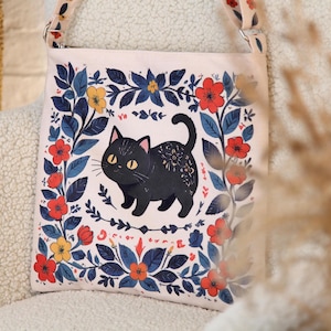 Boho Blumen Schultertasche, niedliche Witchy Katze Tote für Katzenliebhaber, wunderliche schwarze Katze Tasche, Volkskunst Blumendruck Tote, schwarze Katze Canvas Tasche