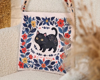Boho Floral Shoulder Bag, Cute Witchy Cat Tote for Cat Lovers, Whimsical Black Cat Bag, Folk Art Floral Print Tote, Black Cat Canvas Bag