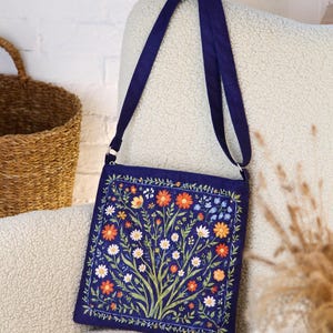 Folk Design Blue Bag, Canvas Hippie Tote Bag, Ukrainian Crossbody Bag, Floral Cotton Bag, Eco Friendly Bag, Beach Bag for Her, Summer Bag
