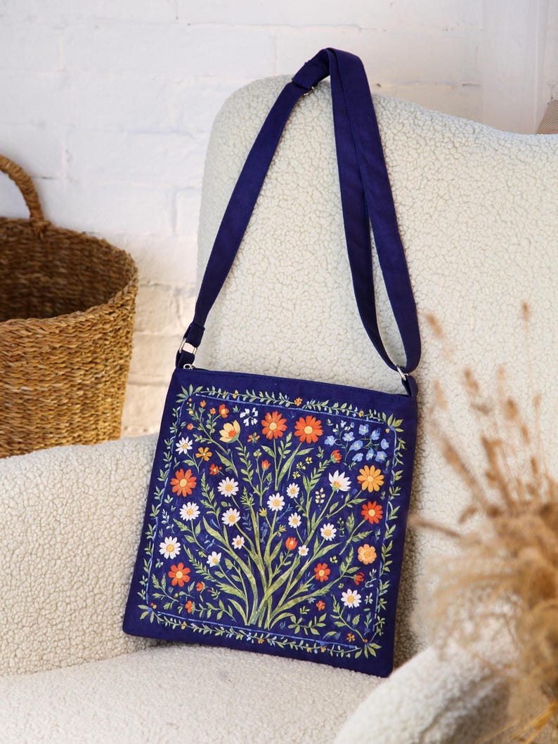 Folk Design Blue Bag, Canvas Hippie Tote Bag, Ukrainian Crossbody Bag, Floral Cotton Bag, Eco Friendly Bag, Beach Bag for Her, Summer Bag