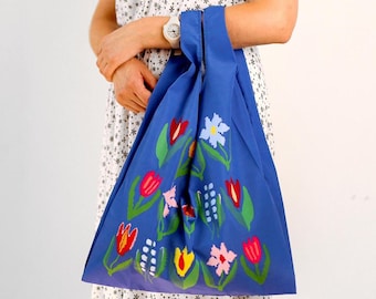 Floral Foldable Shopping Bag, Reusable Waterproof Grocery Tote, Trendy Market Bag, Lightweight Travel Tote, Blue Bag with Colorful Flowers