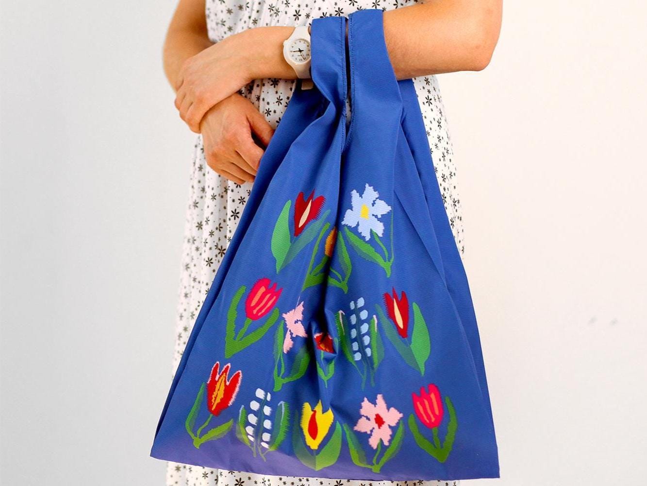Sac de courses pliable fleuri, Cabas de courses imperméable réutilisable, Sac de marché tendance, Cabas de voyage léger, Sac bleu avec fleurs colorées