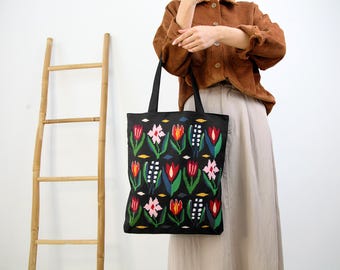 Aesthetic Canvas Tote Bag with Zipper, Dark Floral Shopper Bag, Mom Tote Bag, Work Daily Bag, Flowers Print Tote Bag, Gift to Her