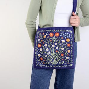Folk Design Blue Bag, Canvas Hippie Tote Bag, Ukrainian Crossbody Bag, Floral Women Bag, Eco Friendly Bag, Fall Modern Bag, Gift for Her image 4