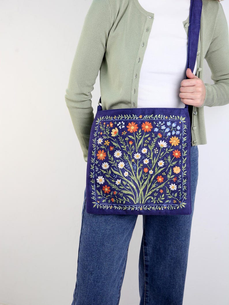 Folk Design Blue Bag, Canvas Hippie Tote Bag, Ukrainian Crossbody Bag, Floral Women Bag, Eco Friendly Bag, Fall Modern Bag, Gift for Her image 4