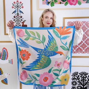 Folk Bird Silk Scarf, Colorful Floral Head Scarf, Scandinavian Style Satin Scarf, Boho Hair Scarf, Spring Gift for Her, Square Neck Scarf