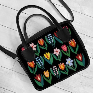 Bunte Tulpe Tasche, Vegan Schultertasche, gestickte Blumenhandtasche, Crossbody Frau Tasche, Ukrainisch Design, einzigartiges Geschenk für Sie, schwarze Geldbörse