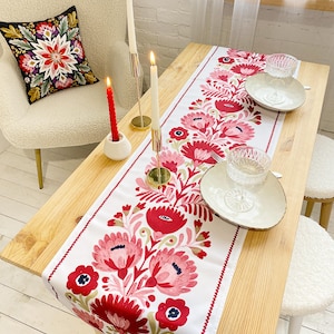 Floral Table Runner Red Pink, Colorful Holiday Dining Decor, Scandinavian Folk Art Table Linen, Boho Botanical Runner for Dining Table