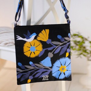 Boho Crossbody Bag Taystra, Canvas Hippie Tote Bag, Dark Floral Folk Design Bag, Canvas Shoulder Bag, Birthday Gifts for Wife, Ethno Bag