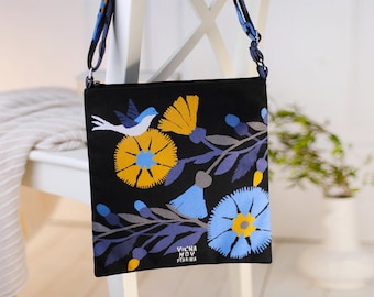 Boho Crossbody Bag Taystra, Canvas Hippie Tote Bag, Dark Floral Folk Design Bag, Canvas Shoulder Bag, Birthday Gifts for Wife, Ethno Bag