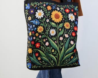 Dark Floral Canvas Tote Bag: Zippered Shopping Bag with Pocket