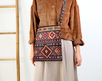 Ukrainian Taystra Bag, Folk Style Unique Women Bag, Eco Bag with Zipper, Boho Crossbody Bag, Canvas Tote Bag, Shoulder Bag, Canvas Tote Bag