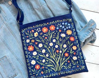 Folk Design Blue Bag, Canvas Hippie Tote Bag, Ukrainian Crossbody Bag, Floral Women Bag, Eco Friendly Bag, Fall Modern Bag, Gift for Her