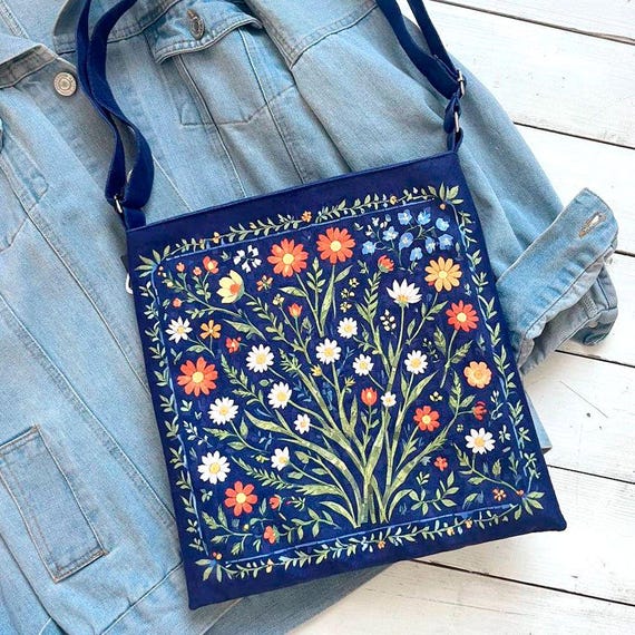 Folk Design Blue Bag, Canvas Hippie Tote Bag, Ukrainian Crossbody Bag, Floral Women Bag, Eco Friendly Bag, Fall Modern Bag, Gift for Her