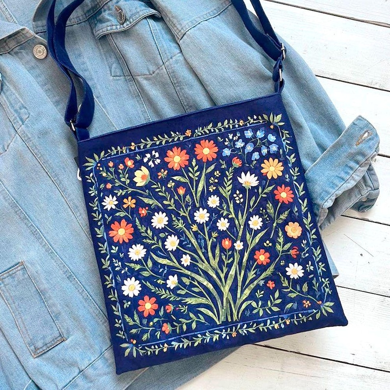 Folk Design Blue Bag, Canvas Hippie Tote Bag, Ukrainian Crossbody Bag, Floral Women Bag, Eco Friendly Bag, Fall Modern Bag, Gift for Her