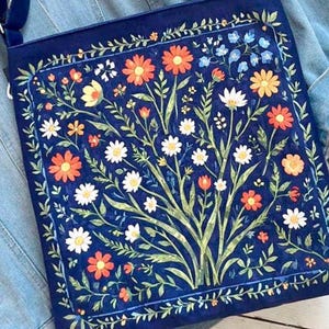 Folk Design Blue Bag, Canvas Hippie Tote Bag, Ukrainian Crossbody Bag, Floral Women Bag, Eco Friendly Bag, Fall Modern Bag, Gift for Her image 11