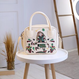 White Vegan Leather Box Bag: Boho Folk Art Shoulder Pouch