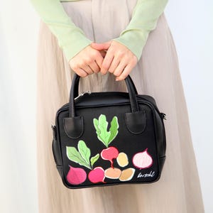 Eco-Leather Box Bag: Velvet Vegetable Print, Top Handle Handbag