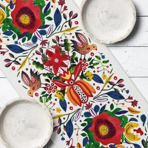 Colorful Floral Table Runner, Spring Table Decor, Easter Dining Table Runner, Folk Style Table Linen, Farmhouse Decor