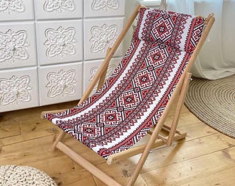 Silla de playa plegable de madera, silla de jardín de arte popular ucraniano, silla de playa de lona, muebles de jardín para patio exterior, silla portátil para balcón