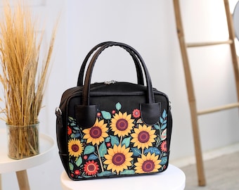 Sunflowers Women Cute Bag, Handmade Summer Bag, Small Handbag, Vegan Leather Art Bag, Unique Art Purse, Shoulder Bag for Her, Cute Tote Bag