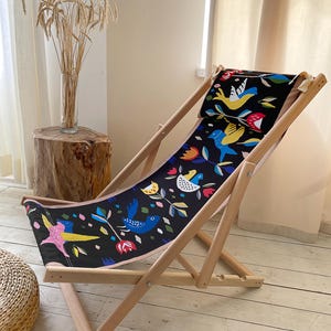 Portable Balcony Wooden Chair, Folding Wooden Lounge Chair with Ethnic Print, Floral Canvas Deck Chair, Boho Outdoor Seating, Balcony Chair