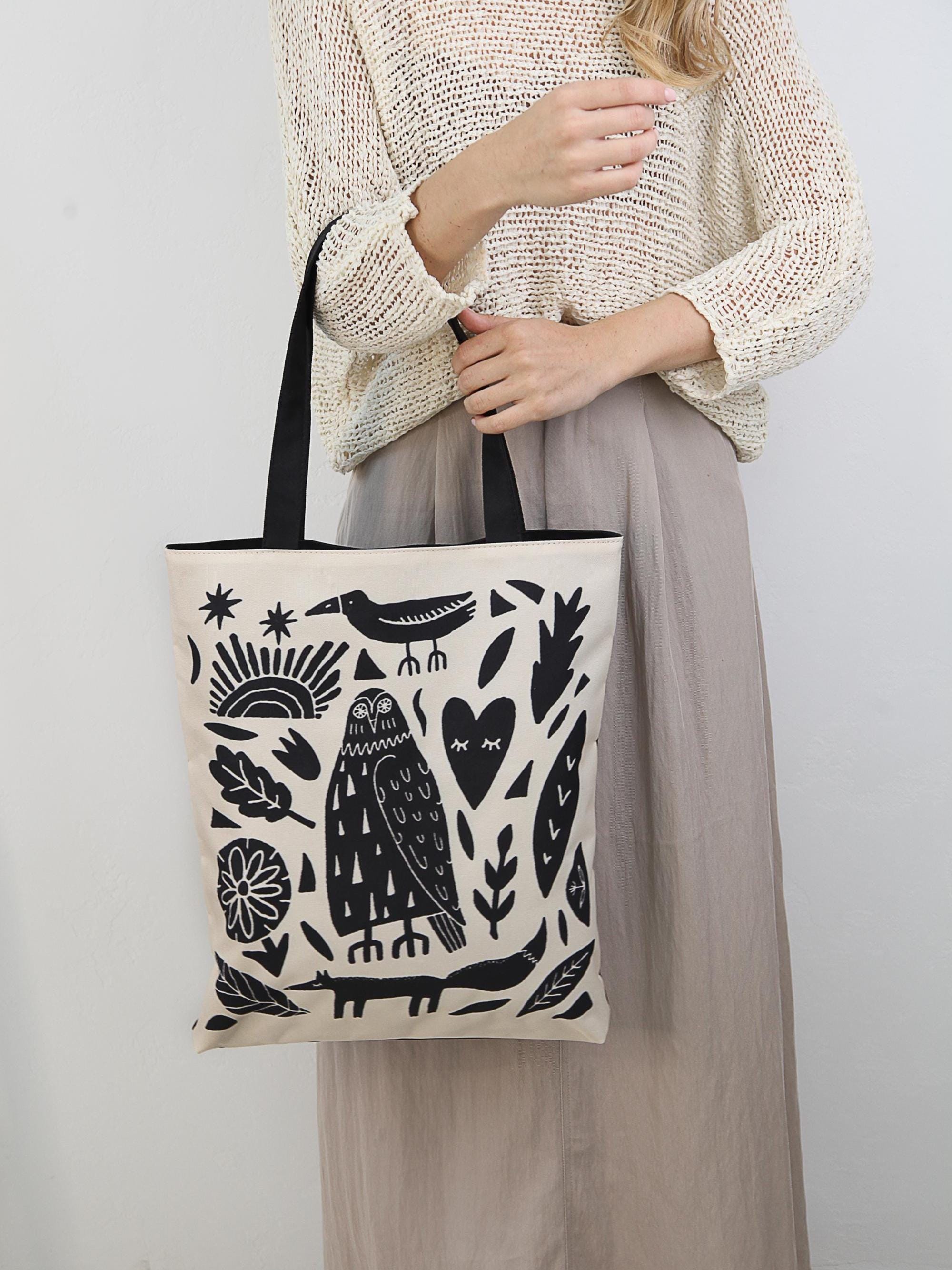 Owl Fox Tote Bag, Folk Art Animal Canvas Bag, Forest Woodland Shoulder Bag, Scandinavian Nature Love