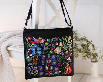 Boho Crossbody Bag Taystra, Canvas Hippie Tote Bag Flowers Bag, Folk Design Bag, Shoulder Bag, Dark Floral Ukrainian Bag, Birthday Gift Idea