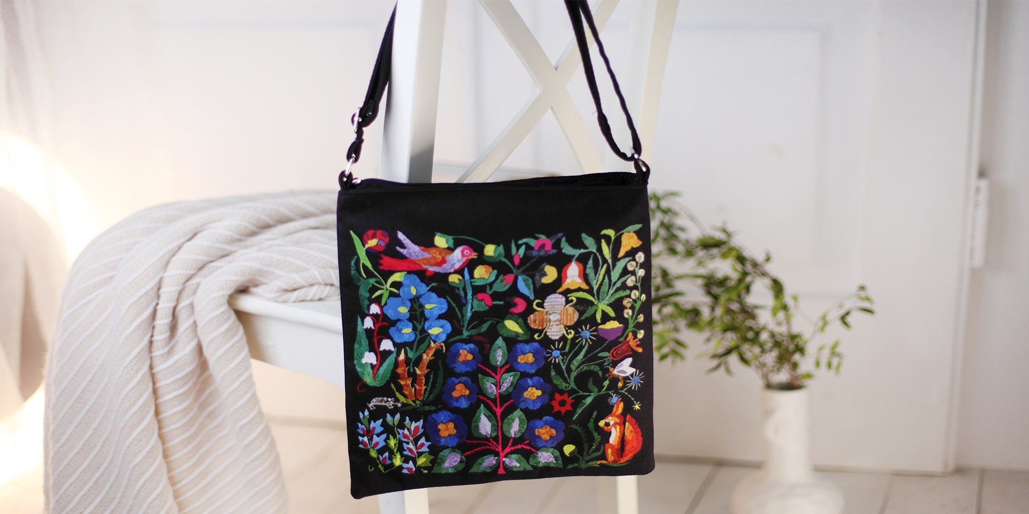 Boho Crossbody Bag Taystra, Canvas Hippie Tote Bag Flowers Bag, Folk Design Bag, Shoulder Bag, Dark Floral Ukrainian Bag, Birthday Gift Idea
