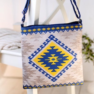 Folk Style Women Fabric Bag, Gray Daily Shopping Bag, Small Cross Body Bag, Boho Bag, Canvas Shoulder Bag, Mom Birthday Gift from Daughter
