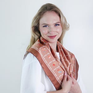 Brown Silk Scarf for Women, Retro Floral Bandana, Lightweight Square Head Scarf, Hair or Bag Accessory, Gift for Her, Office Scarf for Women