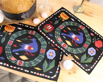 Fall Folk Art Placemats Set of 2 4 6, Autumn Bird Table Mats, Harvest Table Decor, Thanksgiving Farmhouse Dining Linen, Cotton Napkin Set