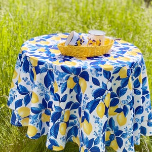 Rond tafelkleed citroen, tafelkleed zomer Citrus, blauw wit boerderijtafelkleed, mediterraan keukendecor, linnen cottagecore