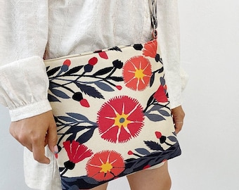 Boho Crossbody Bag Taystra, Canvas Hippie Tote Bag, Red Flowers Bag, Folk Design Bag, Zipper Shoulder Bag, Unique Ukraine Gifts, Womens Bag
