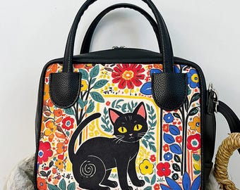 Cat Print Crossbody Bag for Women, Cute Medium Purse, Black Everyday Shoulder Bag, Cat Lover Gift, Women&#39;s Handbag, Sister Birthday Gift